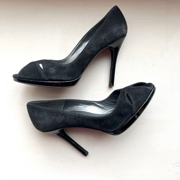 Stuart Weitzman Black Suede Peep Toe Stiletto Heels Women’s 10.5 Classic - Picture 1 of 14
